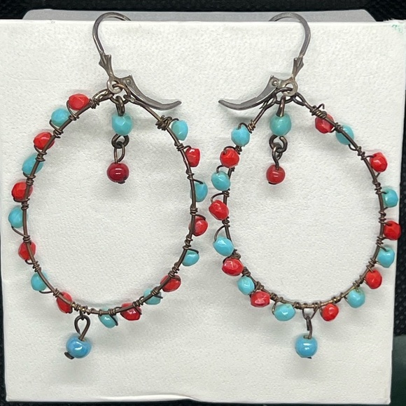 Turquoise and coral bohemian hoop drop earrings lightweight - Picture 2 of 6
